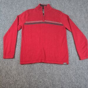 Eddie Bauer Men's Medium‎ Red Half-Zip Cotton Knit Sweater Chest Stripe Pullover